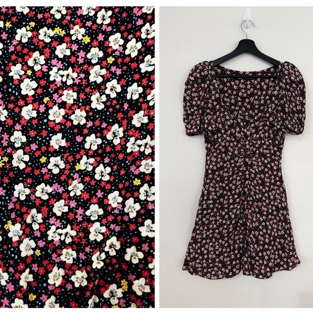 Zara Black & Burgundy Floral Puff-Sleeve Mini Dress XS.  D001